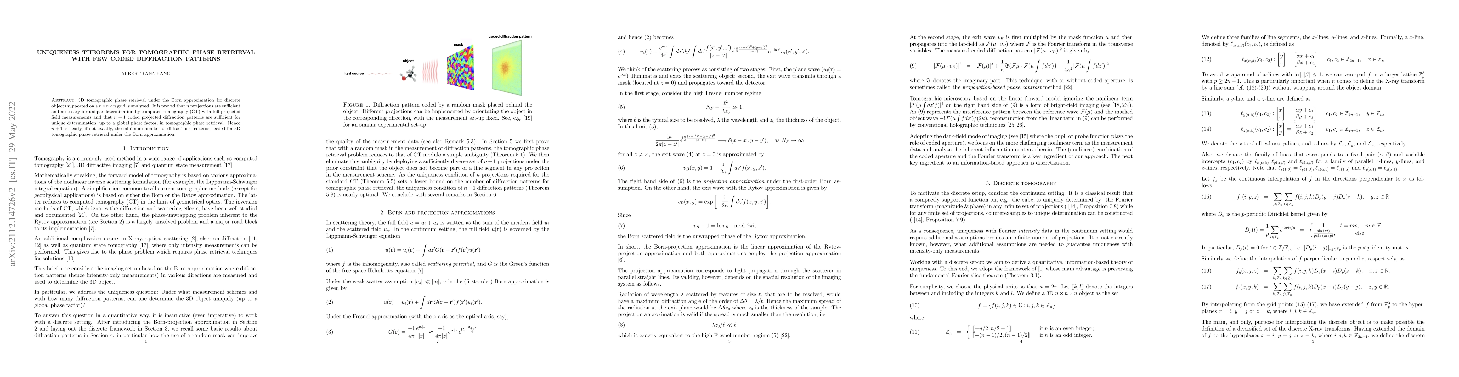 Thumbnail for Uniqueness Theorems for Tomographic Phase Retrieval with Few Diffraction
  Patterns