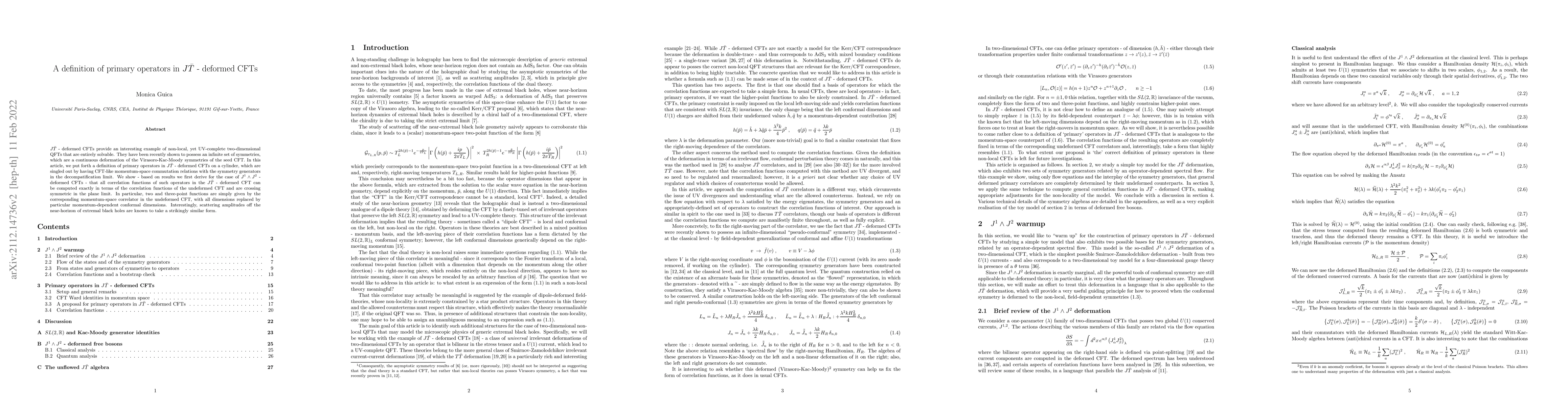 Thumbnail for A definition of primary operators in $J\bar T$-deformed CFTs
