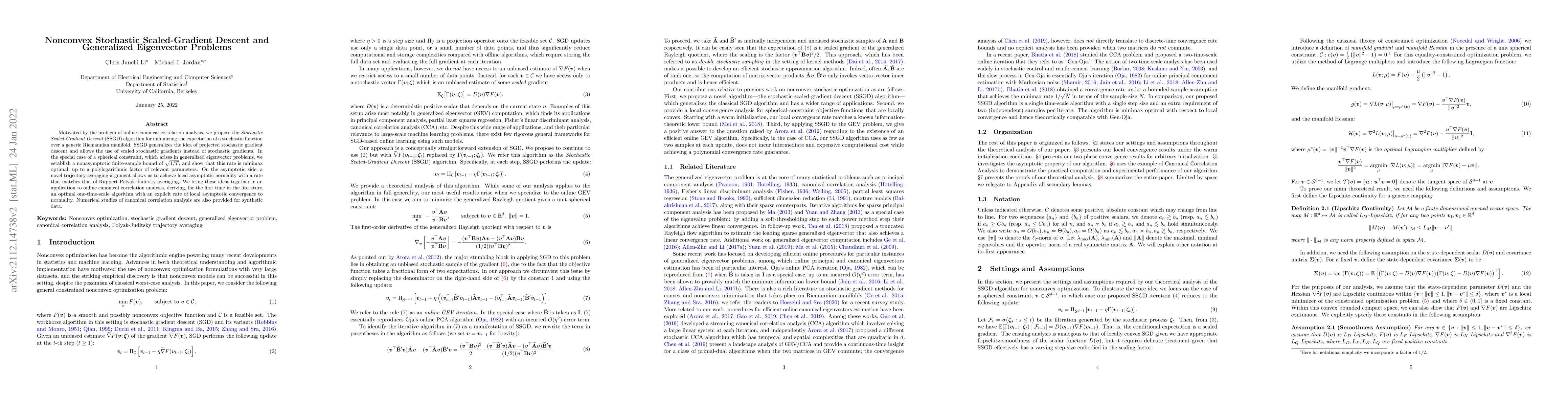 Thumbnail for Nonconvex Stochastic Scaled-Gradient Descent and Generalized Eigenvector
  Problems