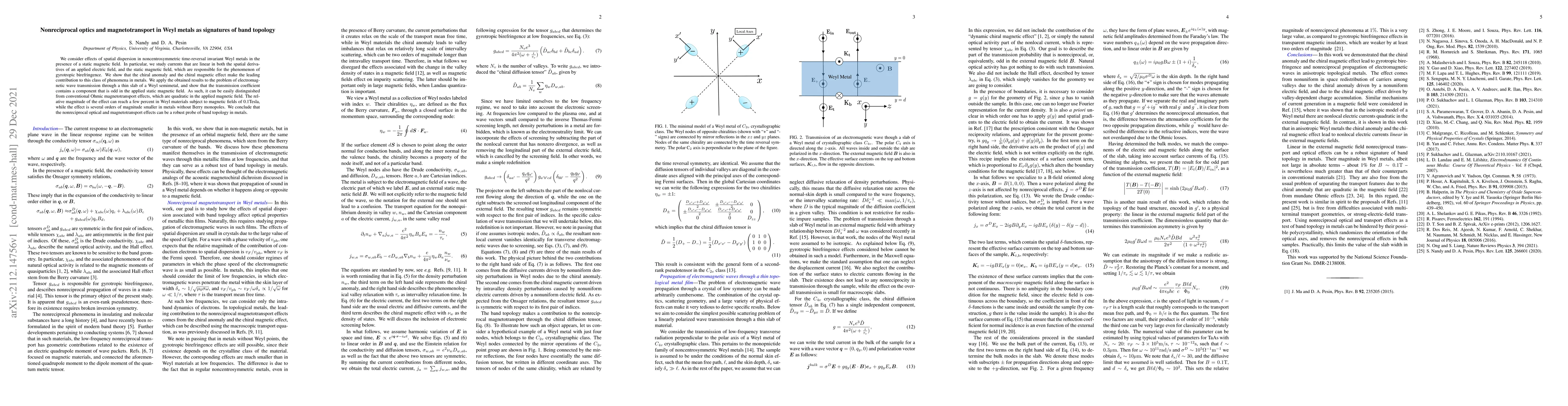 Thumbnail for Nonreciprocal optics and magnetotransport in Weyl metals as signatures
  of band topology