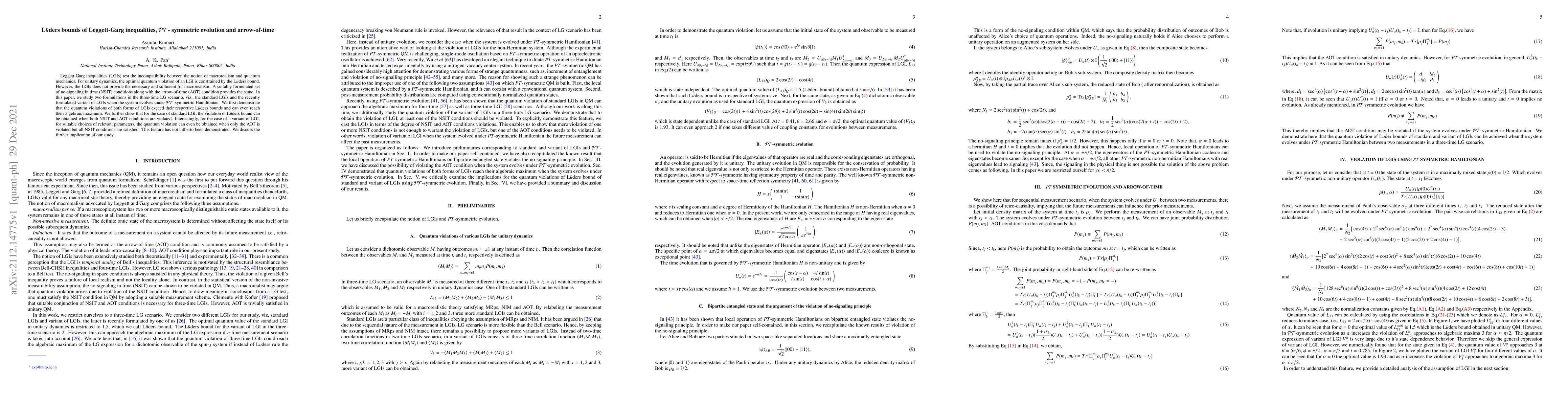 Thumbnail for L\"uders bounds of Leggett-Garg inequalities, $\mathcal{PT}$- symmetric
  evolution and arrow-of-time