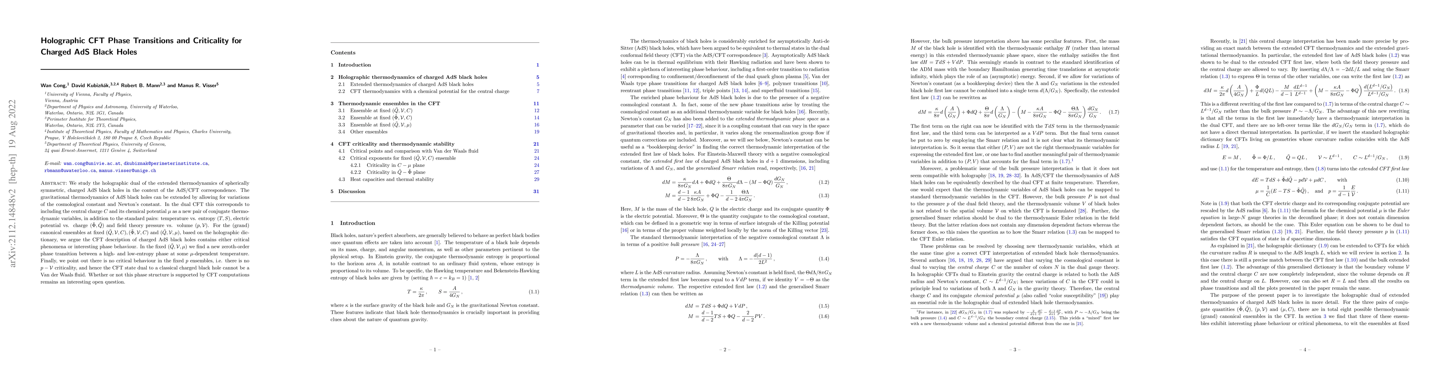 Thumbnail for Holographic CFT Phase Transitions and Criticality for Charged AdS Black
  Holes