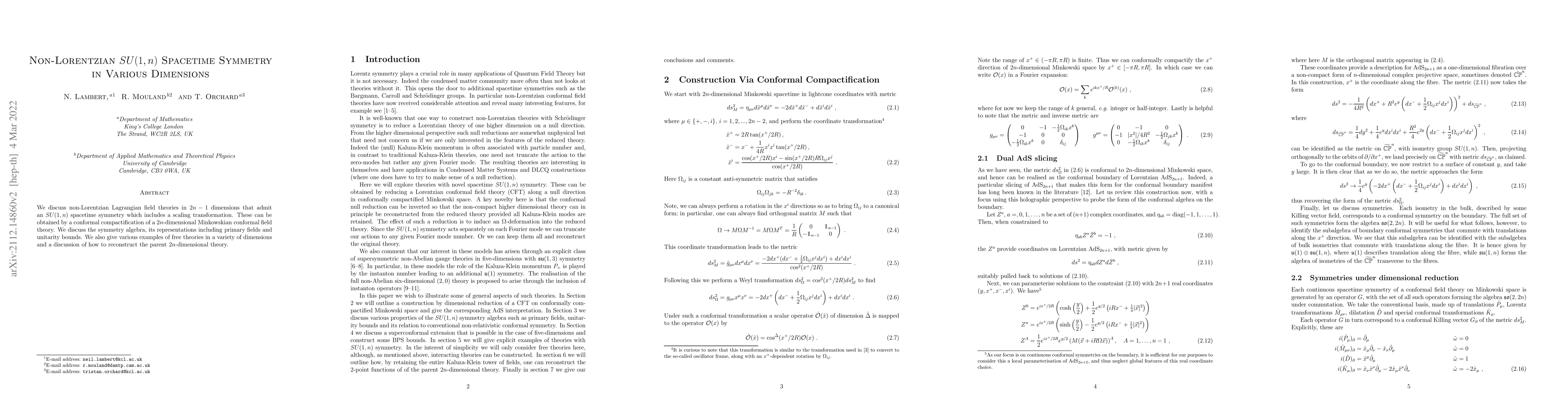 Thumbnail for Non-Lorentzian $SU(1,n)$ Spacetime Symmetry in Various Dimensions