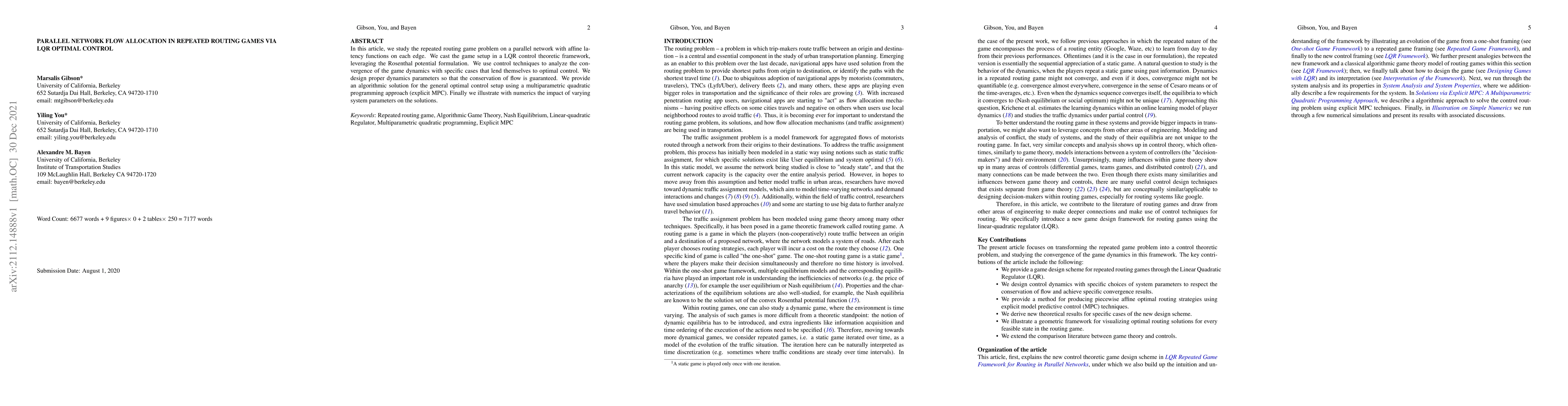 Thumbnail for Parallel Network Flow Allocation in Repeated Routing Games via LQR
  Optimal Control