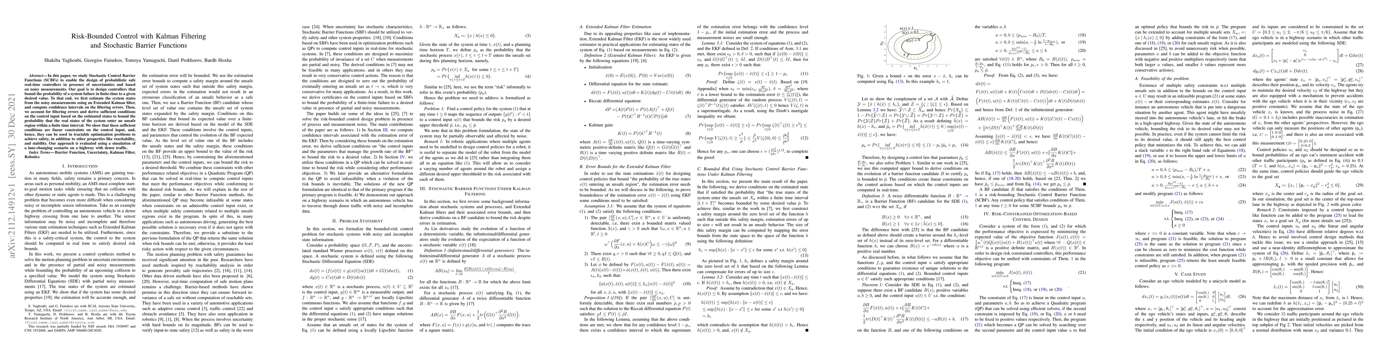 Thumbnail for Risk-Bounded Control with Kalman Filtering and Stochastic Barrier
  Functions