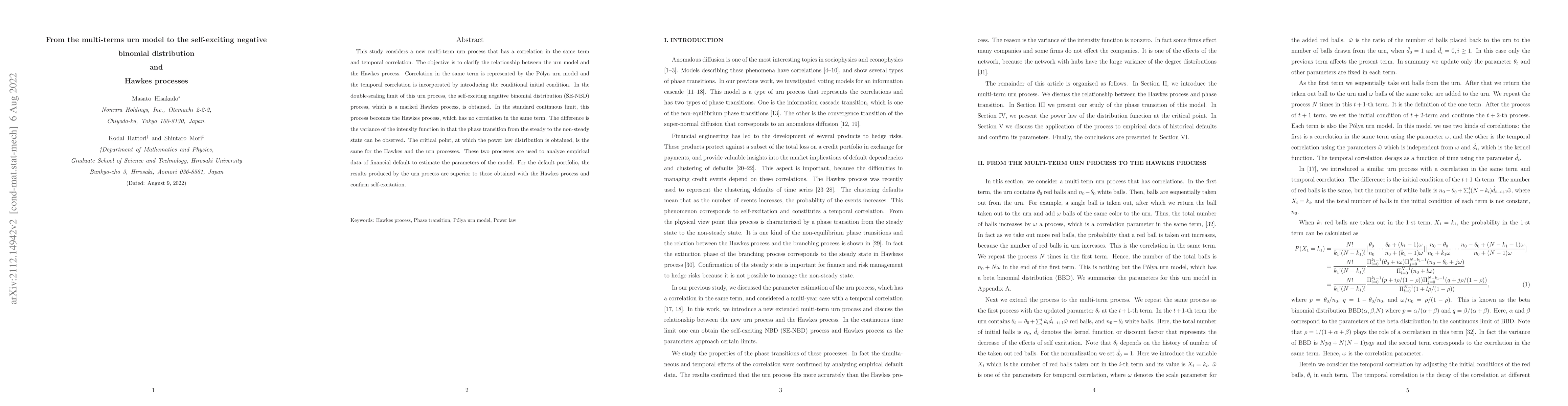 Thumbnail for From the multi-terms urn model to the self-exciting negative binomial
  distribution and Hawkes processes
