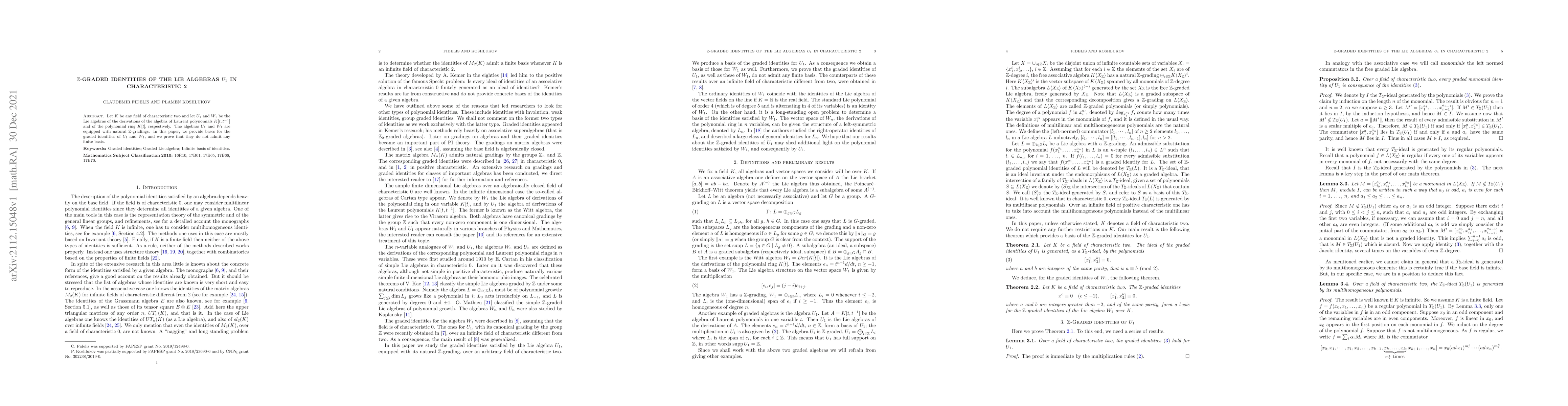 Thumbnail for $\mathbb{Z}$-graded identities of the Lie algebras $U_1$ in
  characteristic 2