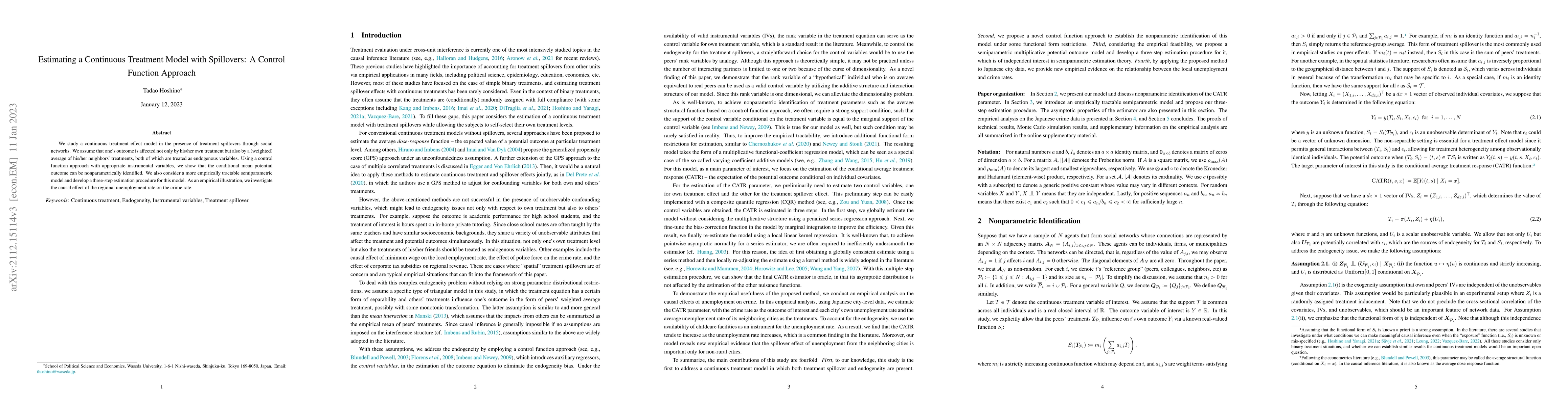 Thumbnail for Estimating a Continuous Treatment Model with Spillovers: A Control
  Function Approach