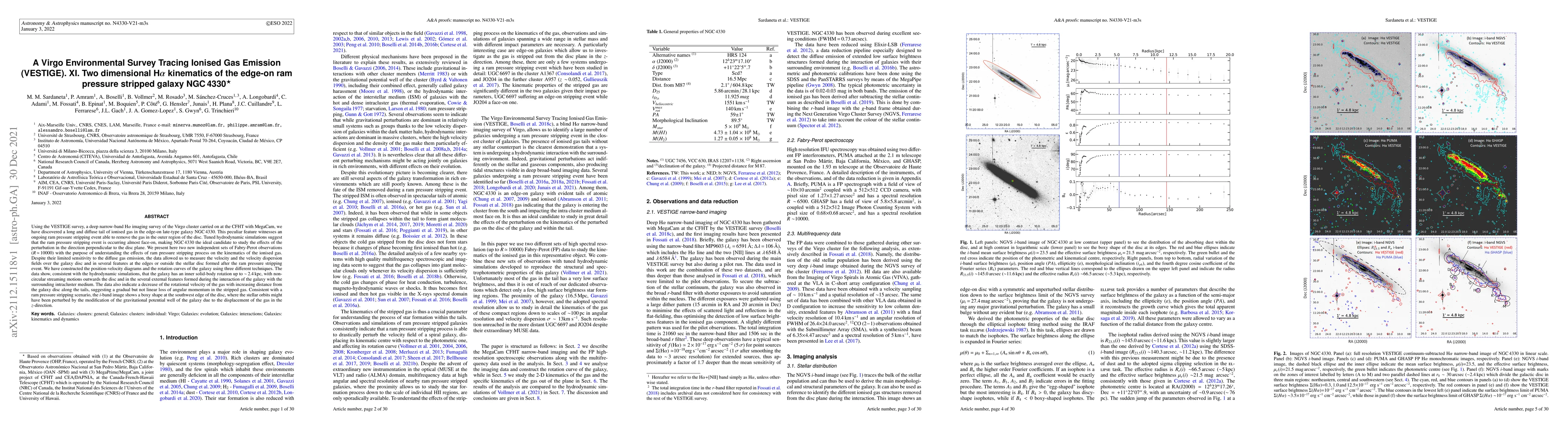 Thumbnail for A Virgo Environmental Survey Tracing Ionised Gas Emission (VESTIGE).XI.
  Two dimensional H$\alpha$ kinematics of the edge-on ram pressure stripped
  galaxy NGC 4330