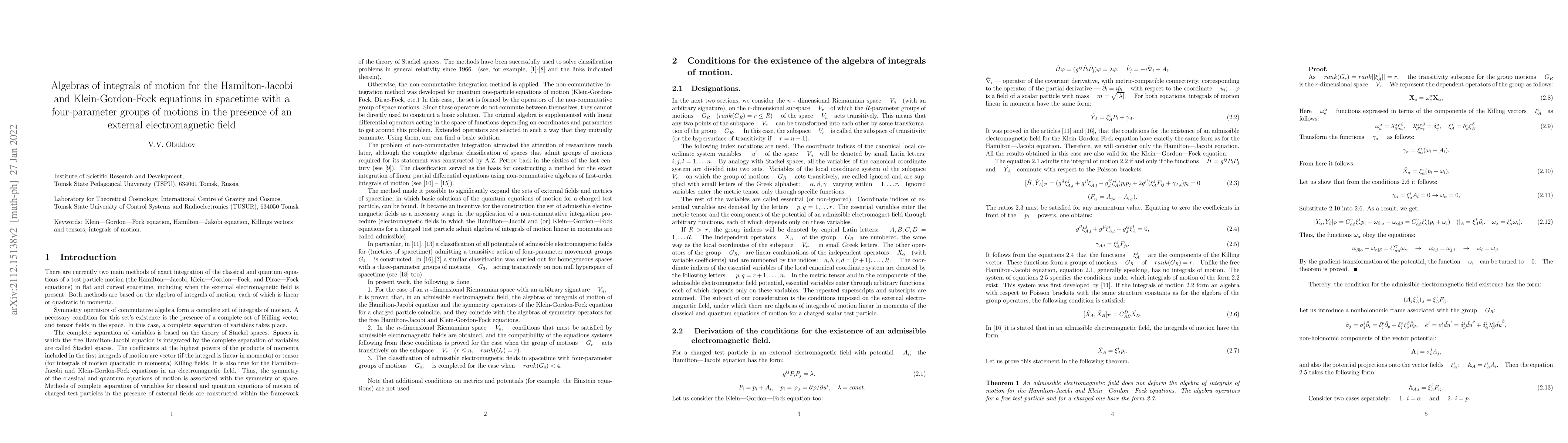 Thumbnail for Algebras of integrals of motion for the Hamilton-Jacobi and
  Klein-Gordon-Fock equations in spacetime with a four-parameter groups of
  motions in the presence of an external electromagnetic field