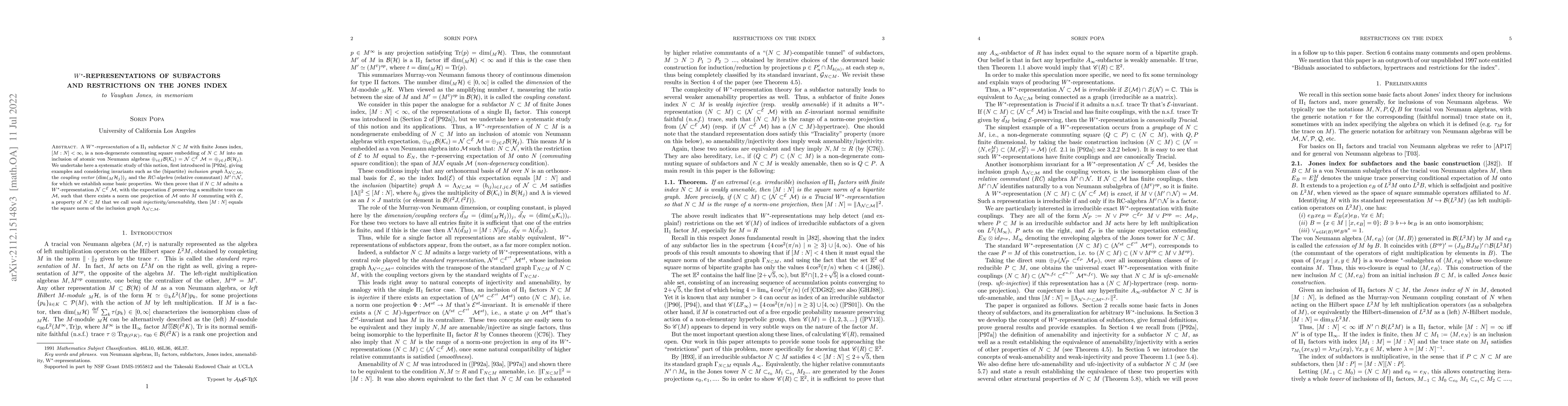 Thumbnail for W*-representations of subfactors and restrictions on the Jones index