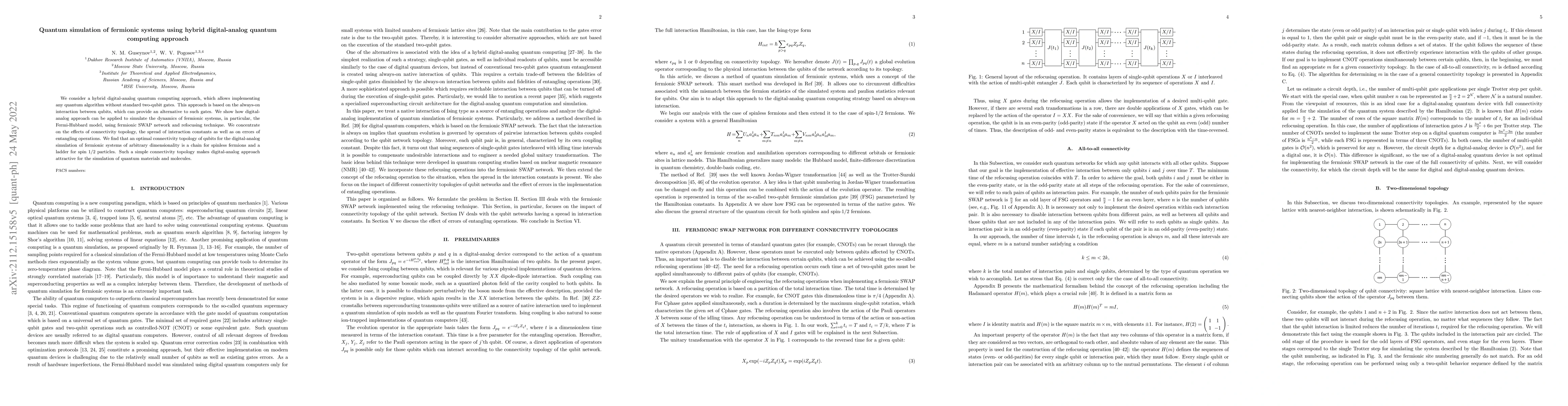 Thumbnail for Quantum simulation of fermionic systems using hybrid digital-analog
  quantum computing approach