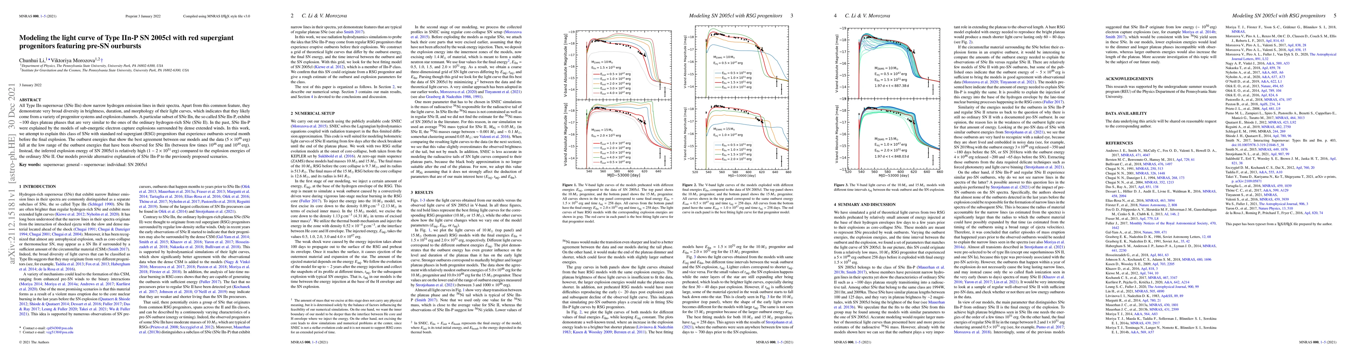 Thumbnail for Modeling the light curve of Type IIn-P SN 2005cl with red supergiant
  progenitors featuring pre-SN ourbursts