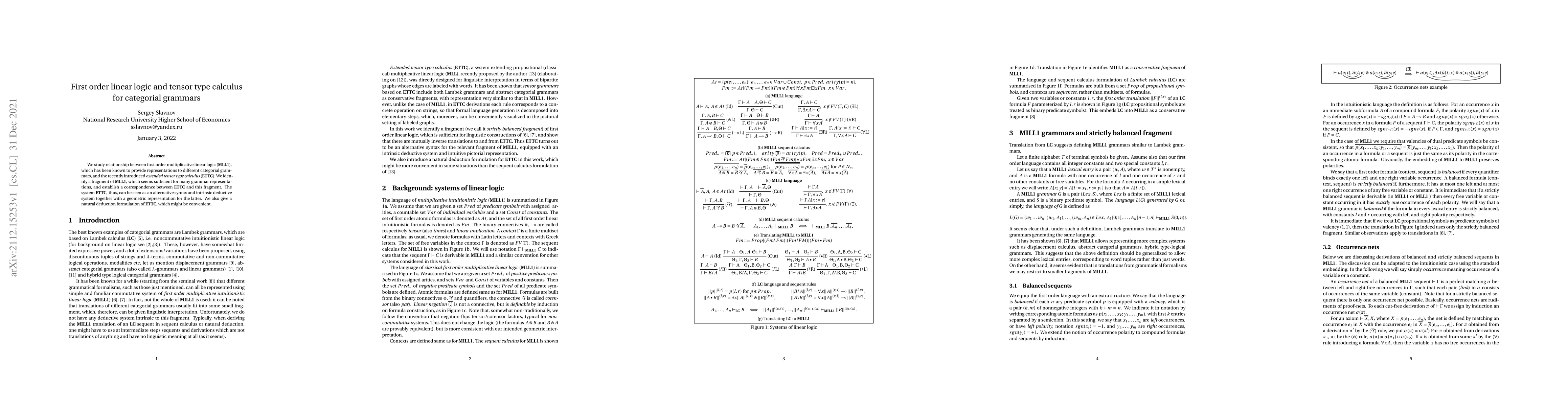 Thumbnail for First order linear logic and tensor type calculus for categorial
  grammars