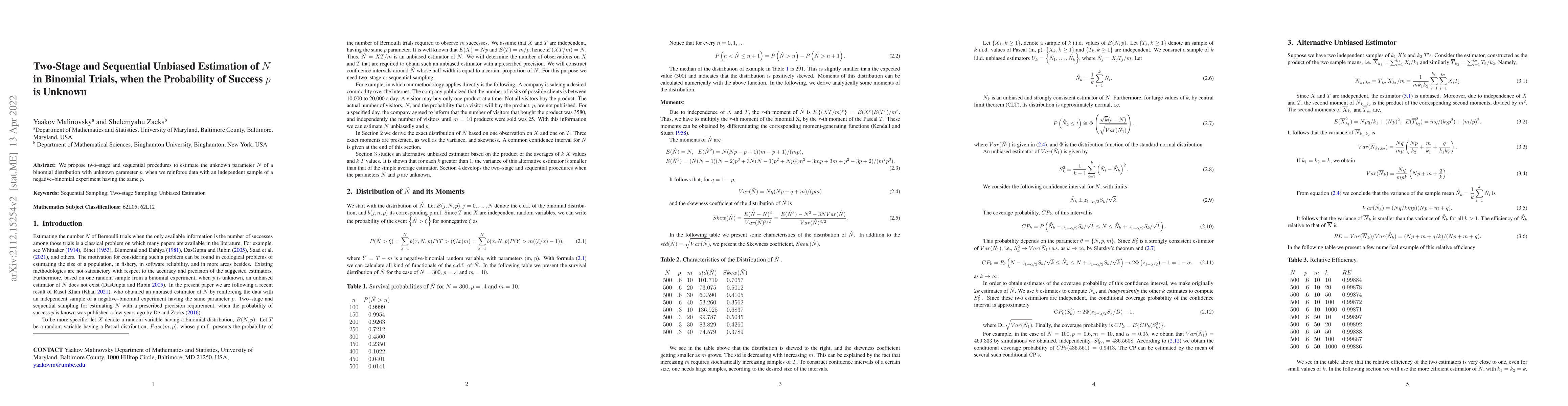 Thumbnail for Two-Stage and Sequential Unbiased Estimation of N in Binomial Trials,
  when the Probability of Success p is Unknown