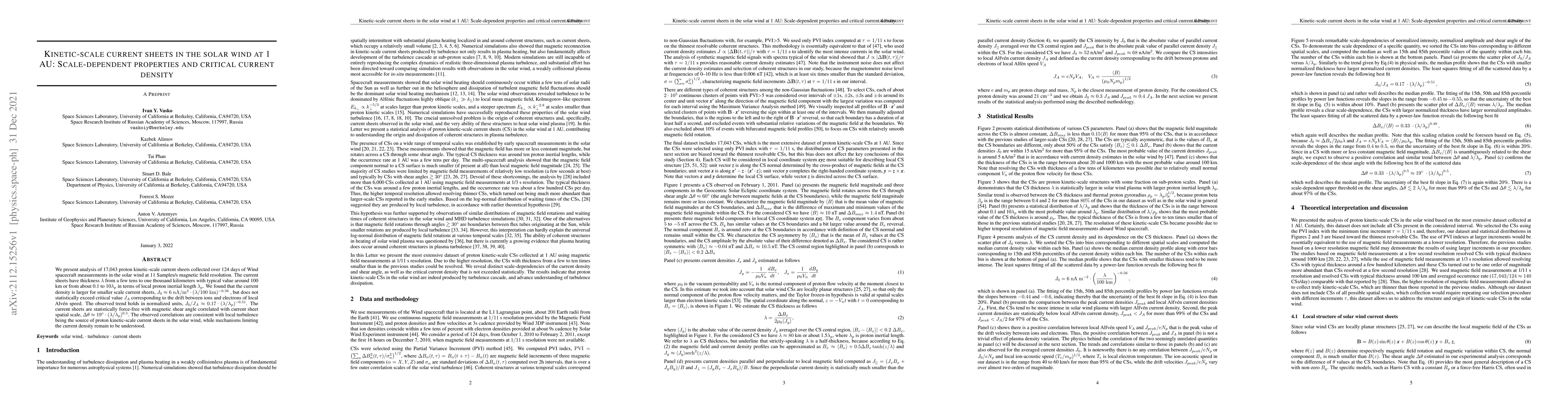 Thumbnail for Kinetic-scale current sheets in the solar wind at 1 AU: Scale-dependent
  properties and critical current density