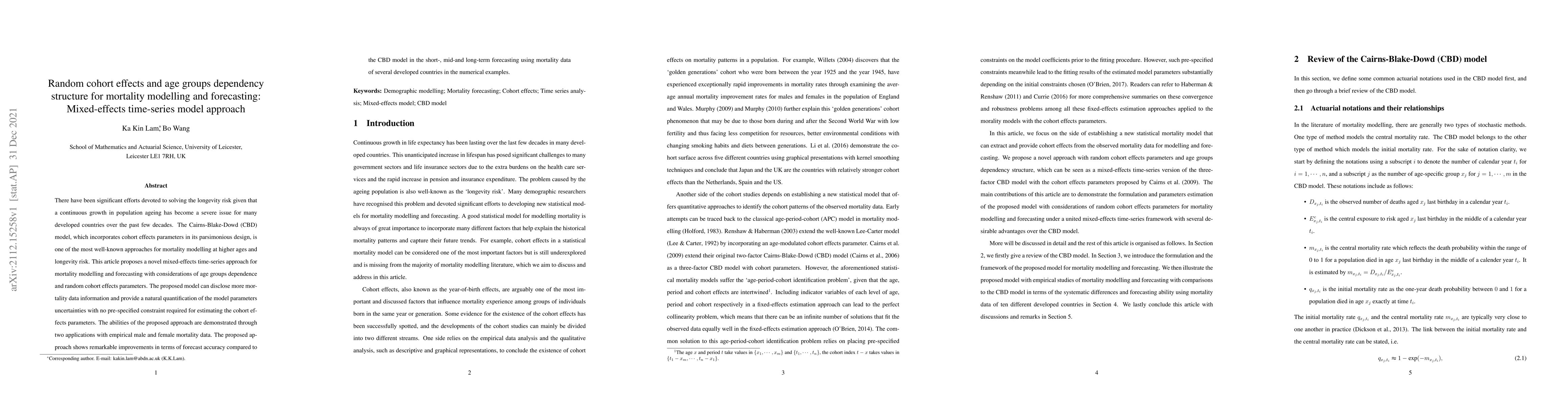 Thumbnail for Random cohort effects and age groups dependency structure for mortality
  modelling and forecasting: Mixed-effects time-series model approach