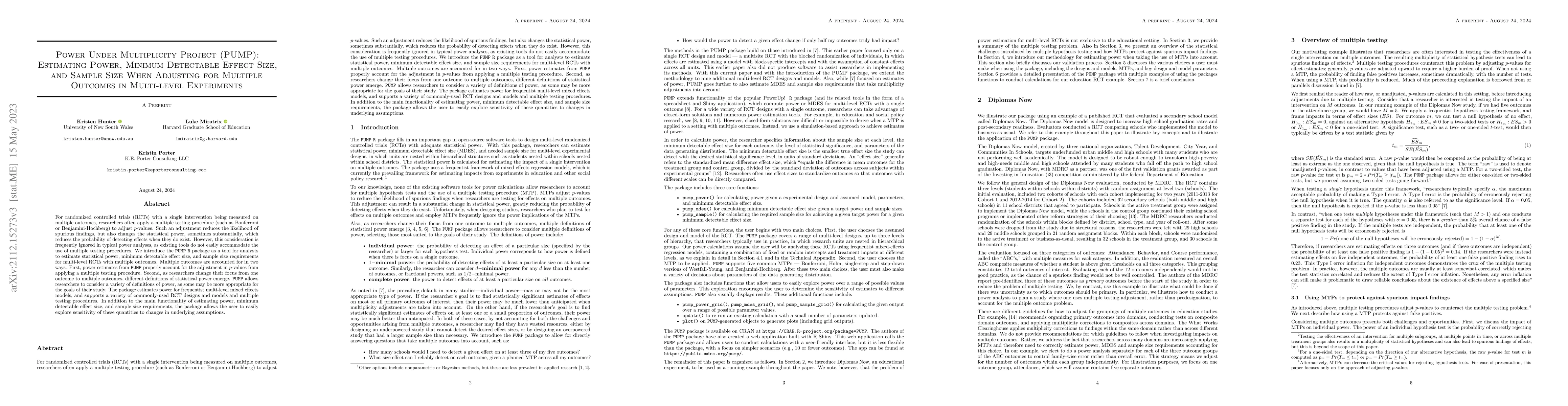 Thumbnail for Power Under Multiplicity Project (PUMP): Estimating Power, Minimum
  Detectable Effect Size, and Sample Size When Adjusting for Multiple Outcomes
  in Multi-level Experiments
