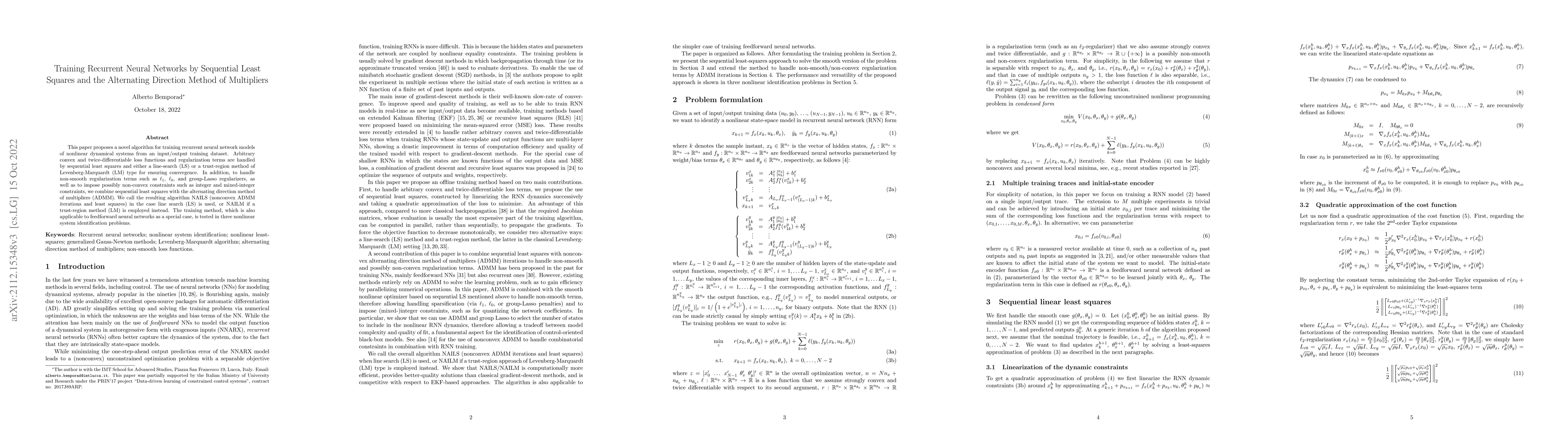 Thumbnail for Training Recurrent Neural Networks by Sequential Least Squares and the
  Alternating Direction Method of Multipliers