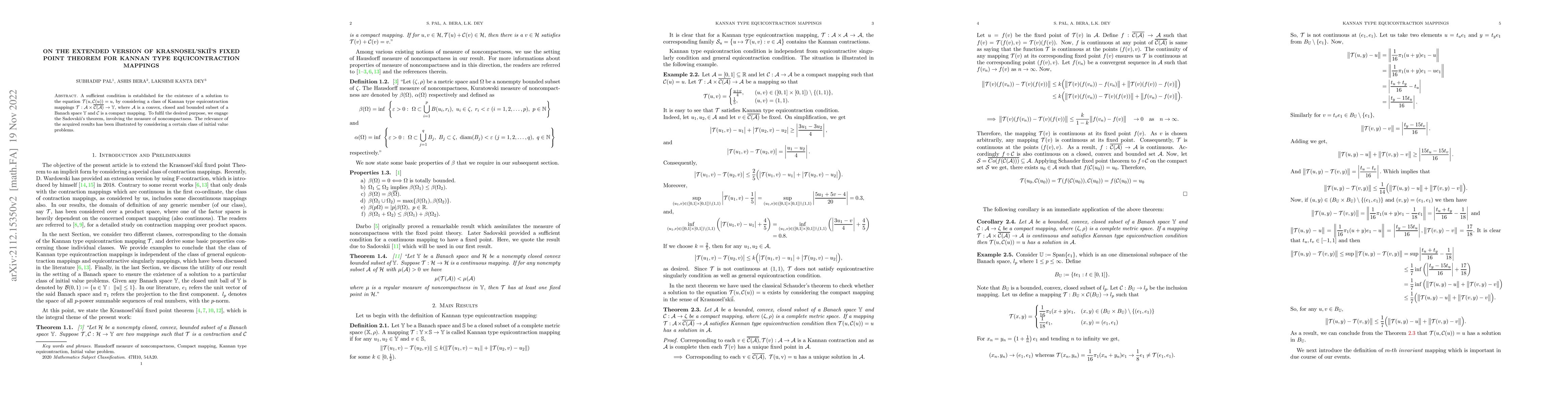 Thumbnail for On the extended version of Krasnosel'skii's fixed point theorem for
  Kannan type equicontraction mappings