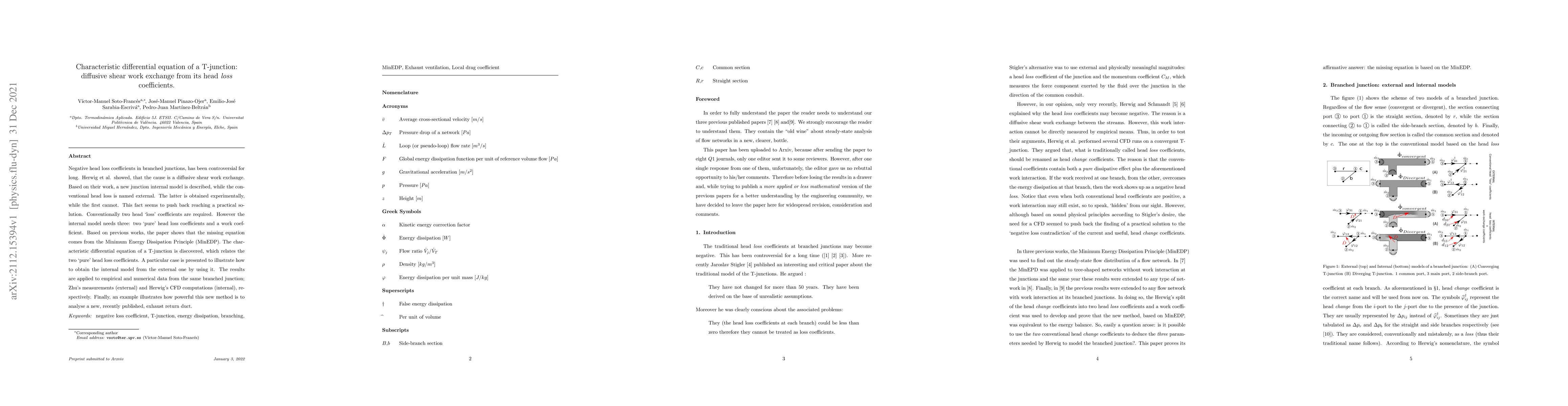 Thumbnail for Characteristic differential equation of a T-junction: diffusive shear
  work exchange from its head loss coefficients