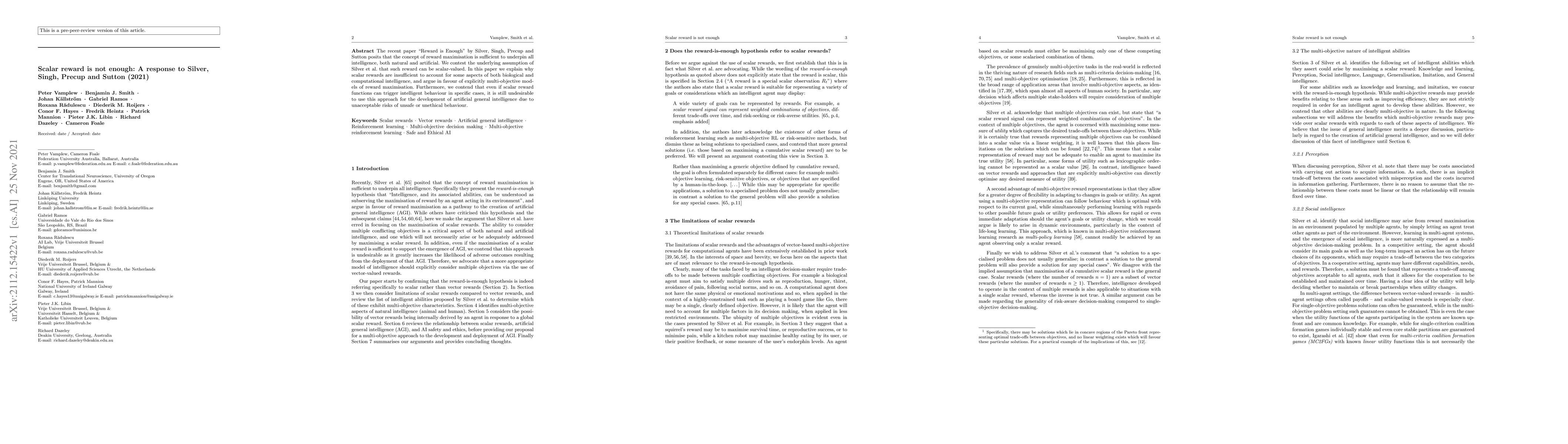 Thumbnail for Scalar reward is not enough: A response to Silver, Singh, Precup and
  Sutton (2021)