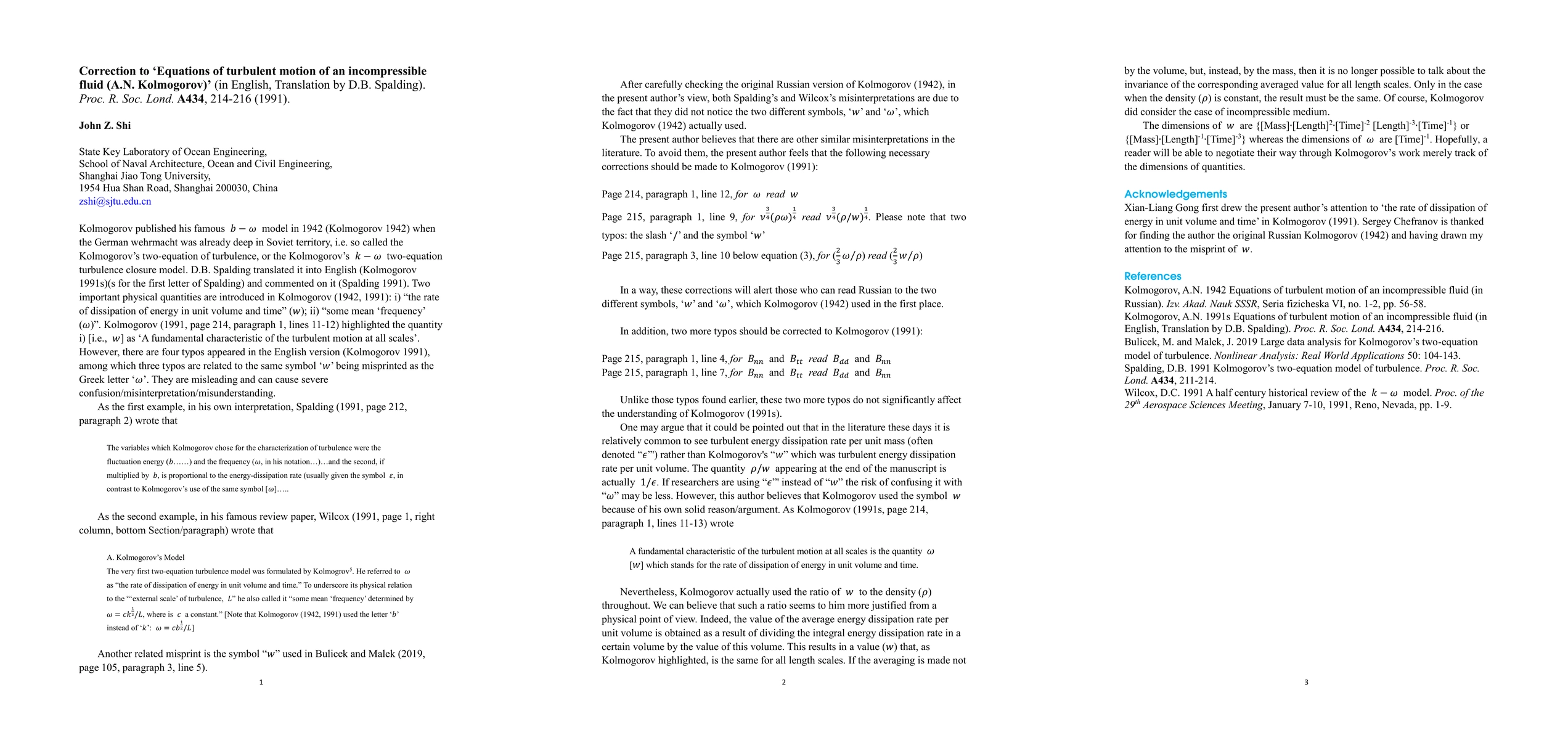 Thumbnail for Correction to Equations of turbulent motion of an incompressible fluid
  (A.N. Kolmogorov) (in English, Translation by D.B. Spalding). Proc. R. Soc.
  Lond. A434, 214-216 (1991)