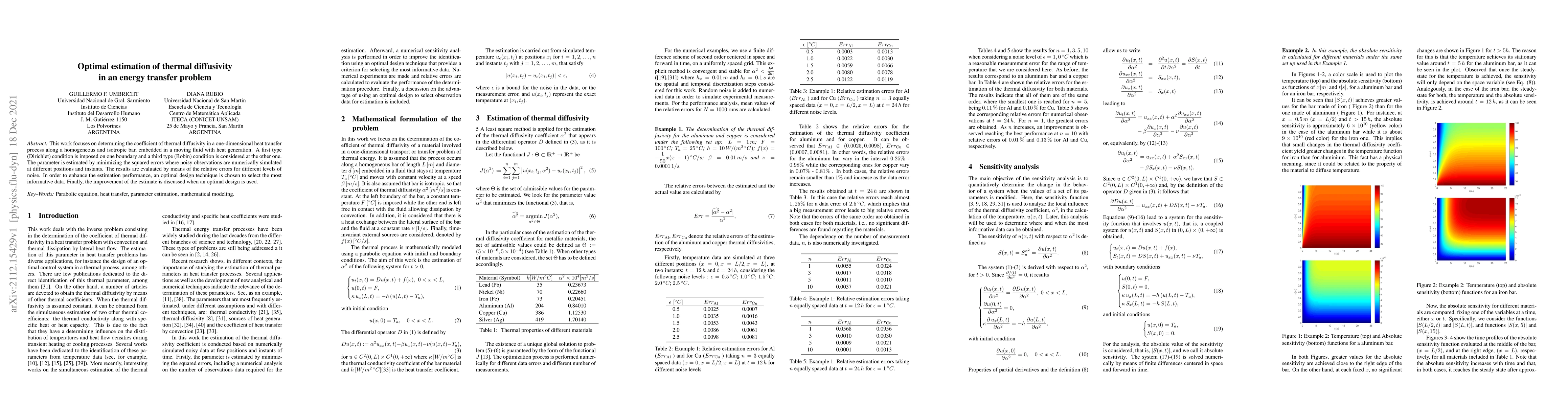 Thumbnail for Optimal Estimation of Thermal Diffusivity in an Energy Transfer Problem