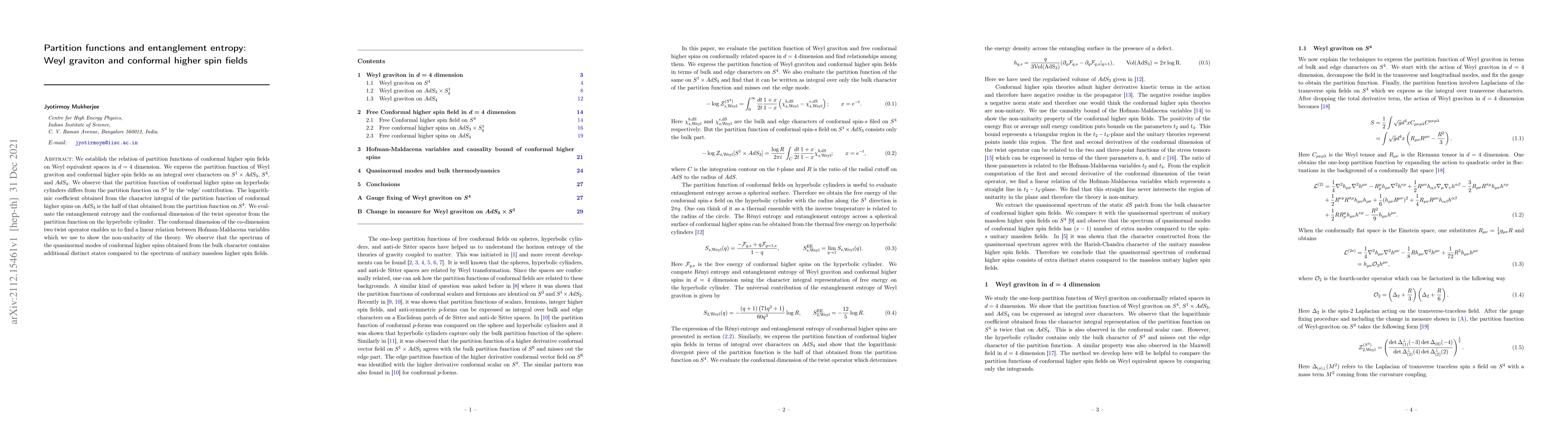 Thumbnail for Partition functions and entanglement entropy: Weyl graviton and
  conformal higher spin fields