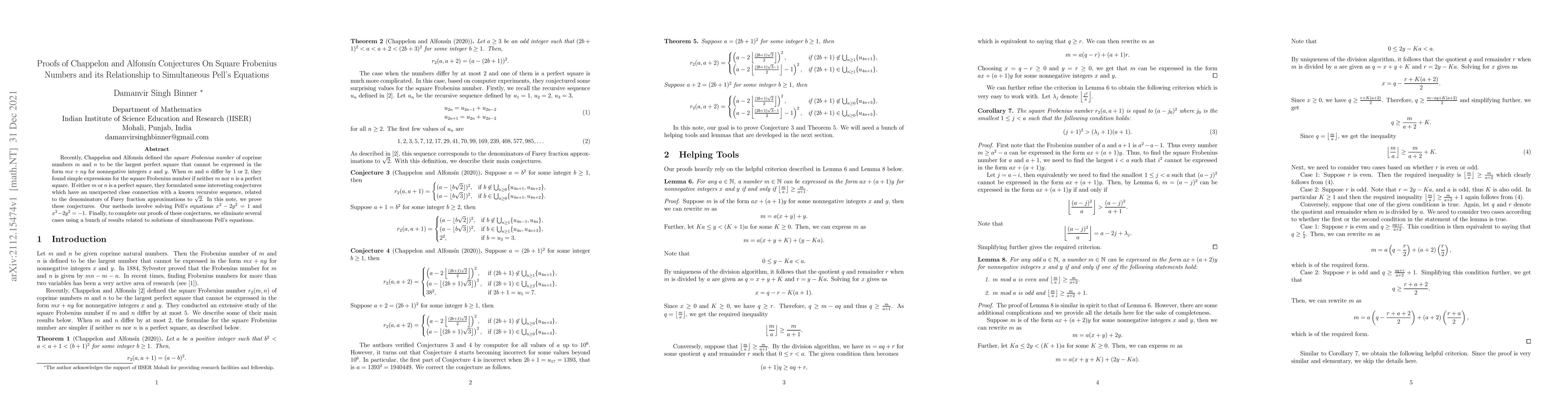 Thumbnail for Proofs of Chappelon and Alfons\'{\i}n Conjectures On Square Frobenius
  Numbers and its Relationship to Simultaneous Pell's Equations