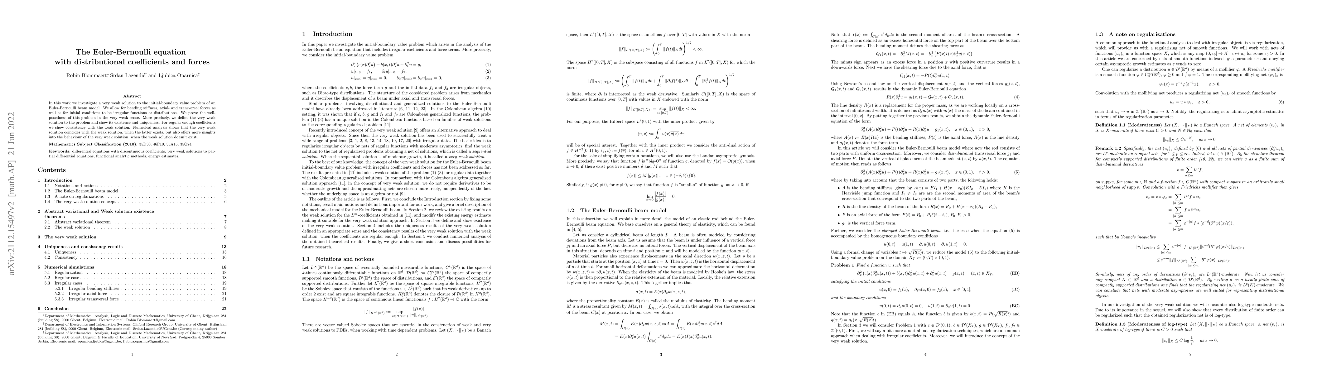 Thumbnail for The Euler-Bernoulli equation with distributional coefficients and forces