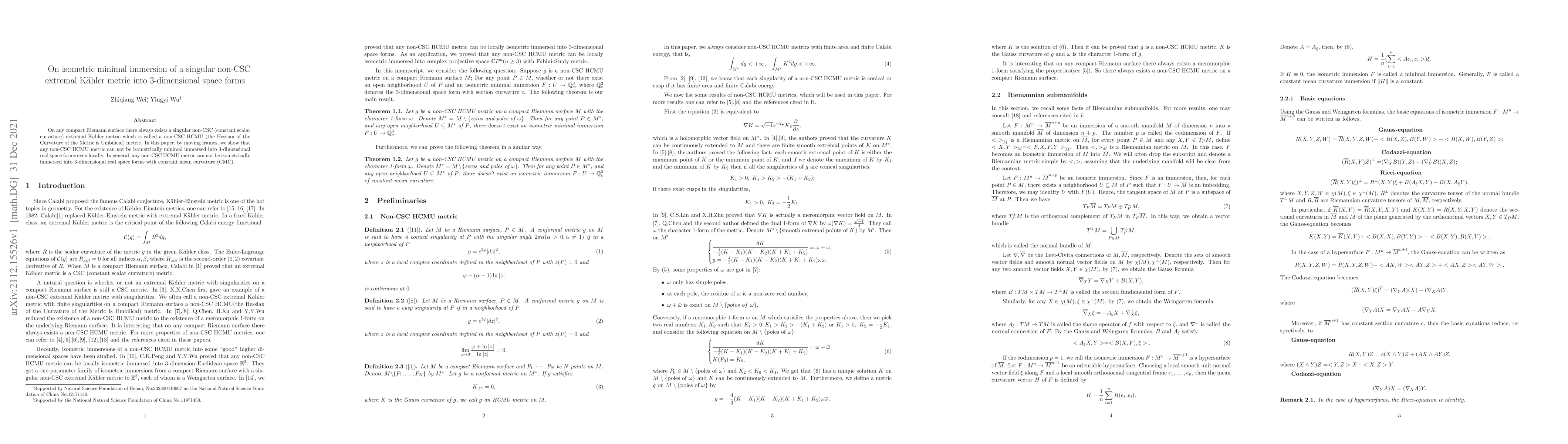 Thumbnail for On isometric minimal immersion of a singular non-CSC extremal
  K$\ddot{a}$hler metric into 3-dimensional space forms
