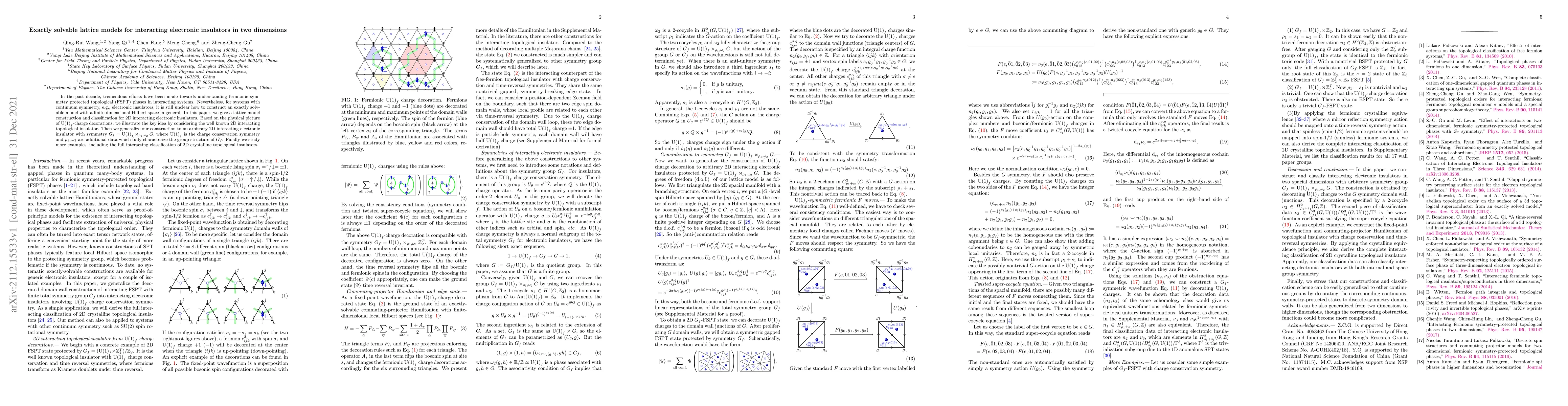 Thumbnail for Exactly solvable lattice models for interacting electronic insulators in
  two dimensions