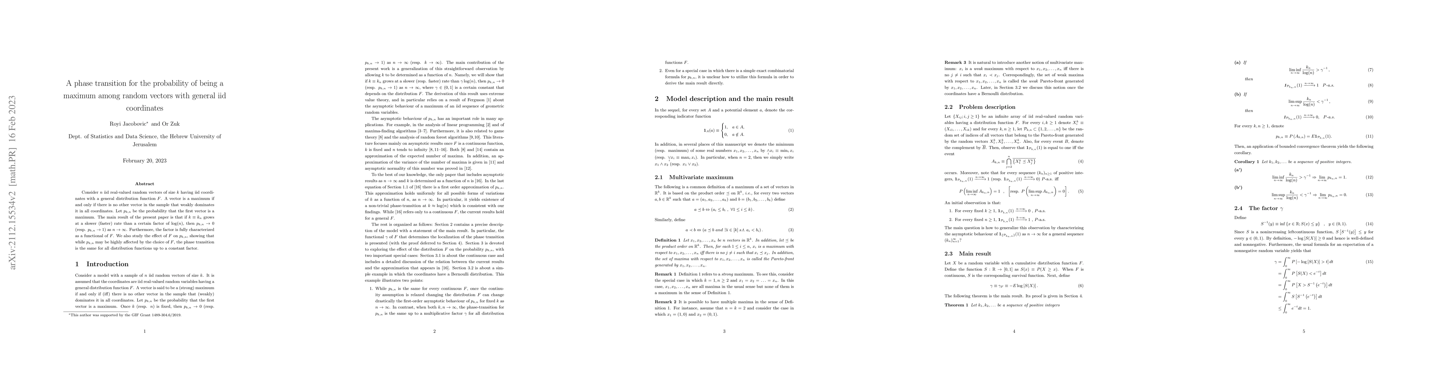 Thumbnail for A phase transition for the probability of being a maximum among random
  vectors with general iid coordinates