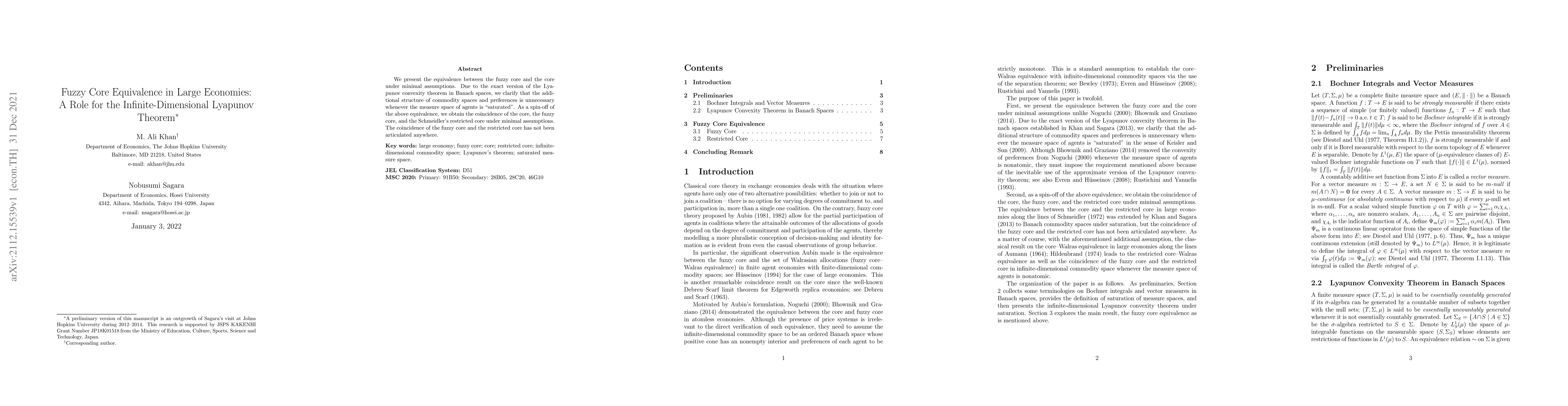 Thumbnail for Fuzzy Core Equivalence in Large Economies: A Role for the
  Infinite-Dimensional Lyapunov Theorem