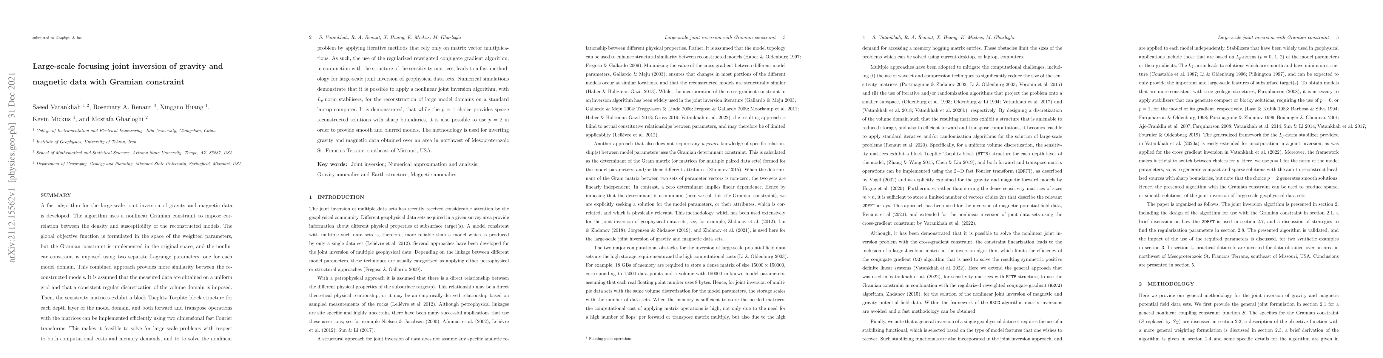 Thumbnail for Large-scale focusing joint inversion of gravity and magnetic data with
  Gramian constraint
