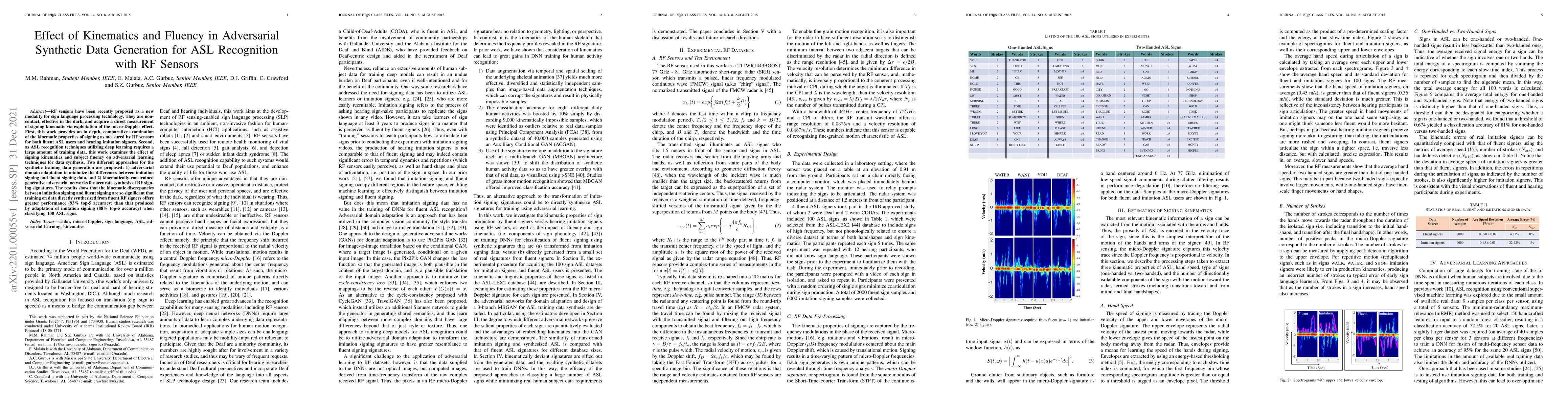 Thumbnail for Effect of Kinematics and Fluency in Adversarial Synthetic Data
  Generation for ASL Recognition with RF Sensors
