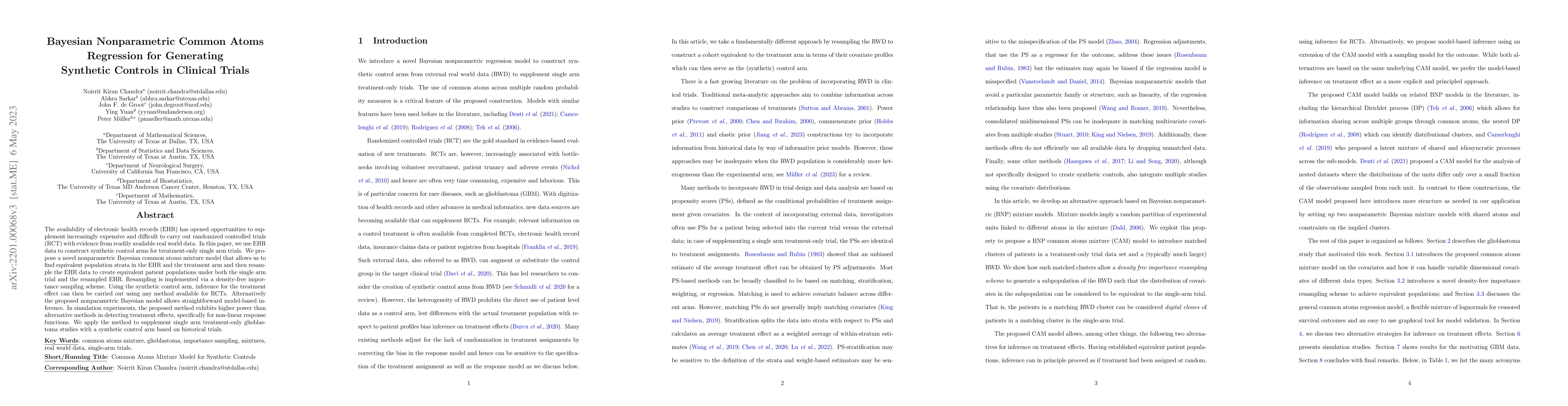 Thumbnail for Bayesian Nonparametric Common Atoms Regression for Generating Synthetic
  Controls in Clinical Trials