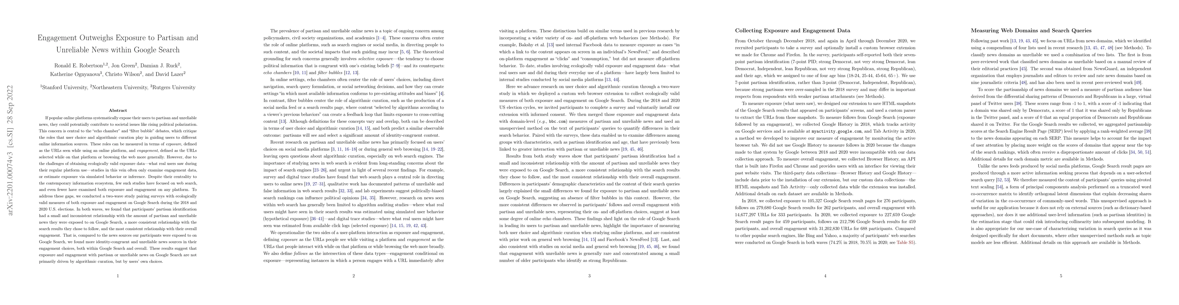 Thumbnail for Engagement Outweighs Exposure to Partisan and Unreliable News within
  Google Search