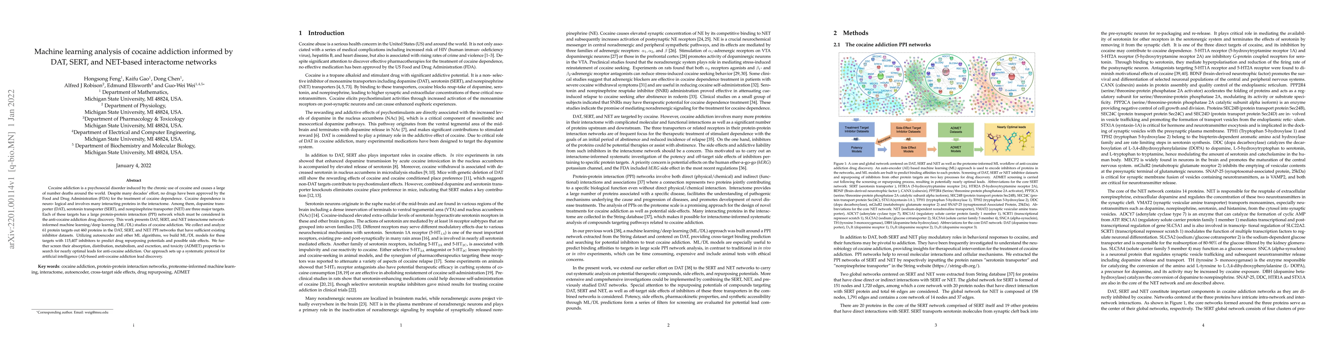 Thumbnail for Machine learning analysis of cocaine addiction informed by DAT, SERT,
  and NET-based interactome networks