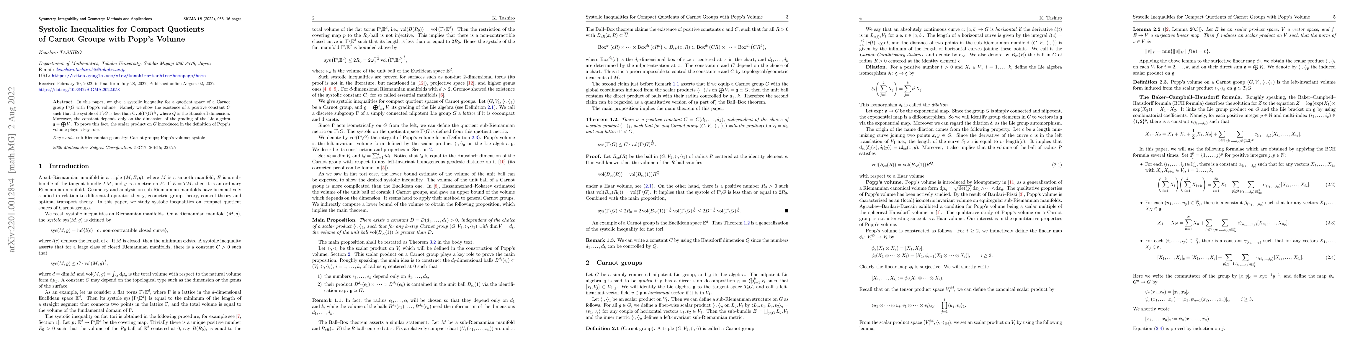 Thumbnail for Systolic Inequalities for Compact Quotients of Carnot Groups with Popp's
  Volume
