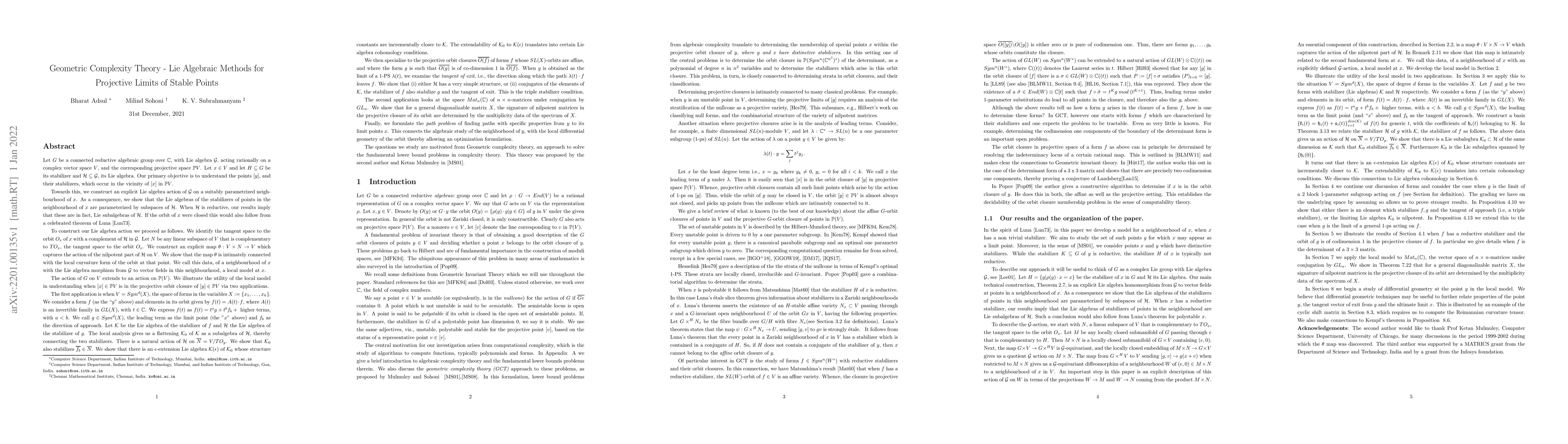 Thumbnail for Geometric Complexity Theory -- Lie Algebraic Methods for Projective
  Limits of Stable Points