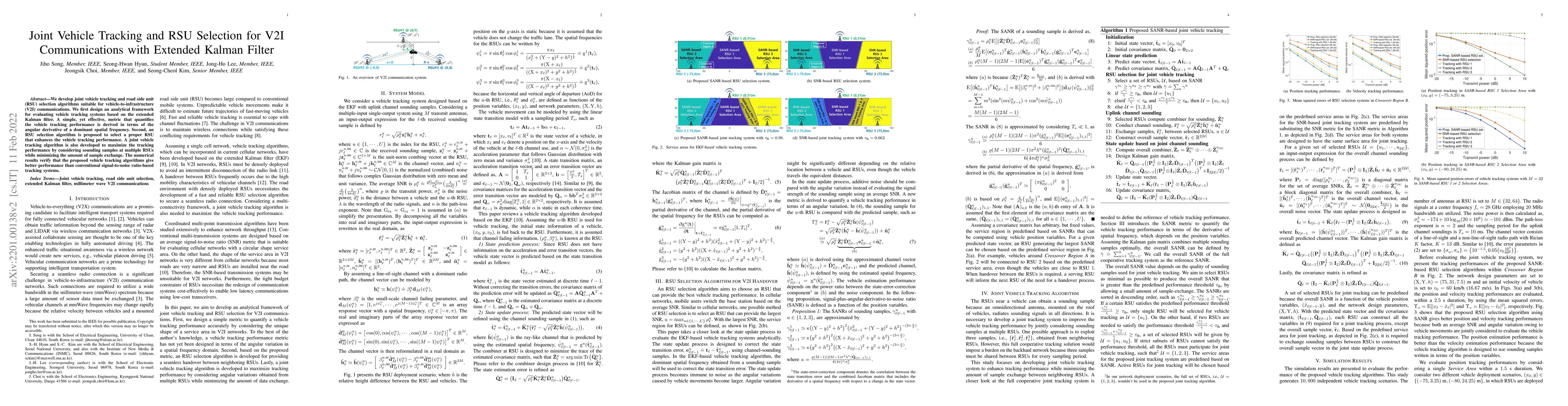 Thumbnail for Joint Vehicle Tracking and RSU Selection for V2I Communications with
  Extended Kalman Filter