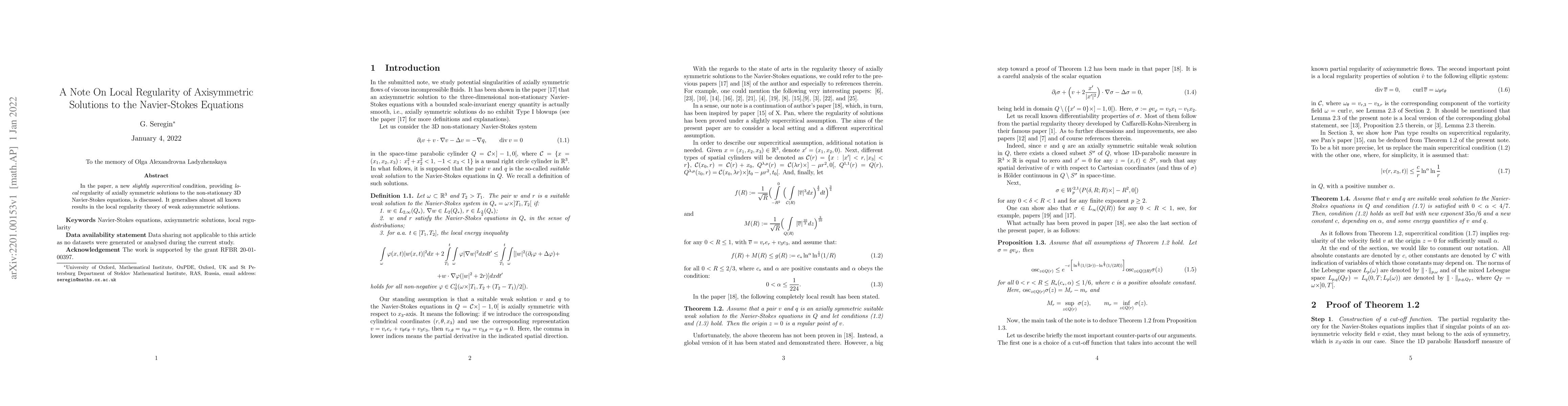 Thumbnail for A Note On Local Regularity of Axisymmetric Solutions to the
  Navier-Stokes Equations
