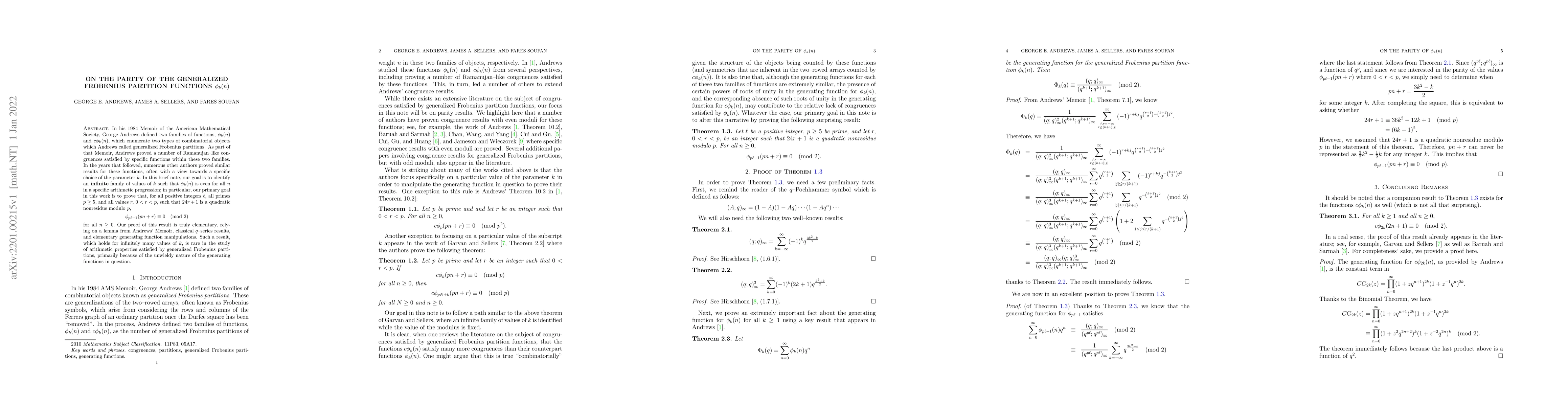 Thumbnail for On the Parity of the Generalized Frobenius Partition Functions
  $\phi_k(n)$