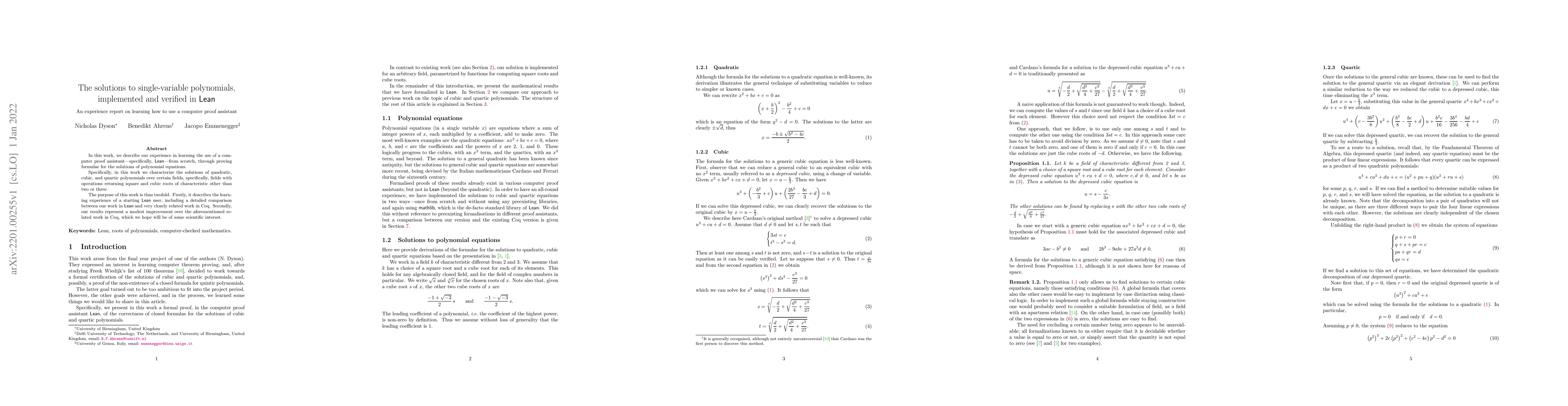 Thumbnail for The solutions to single-variable polynomials, implemented and verified
  in Lean