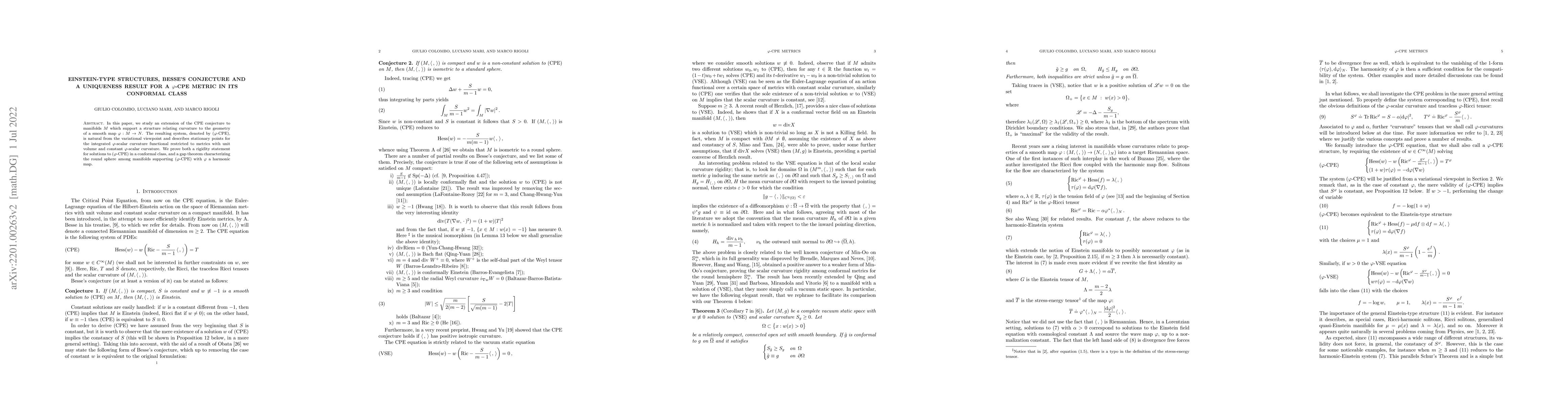 Thumbnail for Einstein-type structures, Besse's conjecture and a uniqueness result for
  a $\varphi$-CPE metric in its conformal class