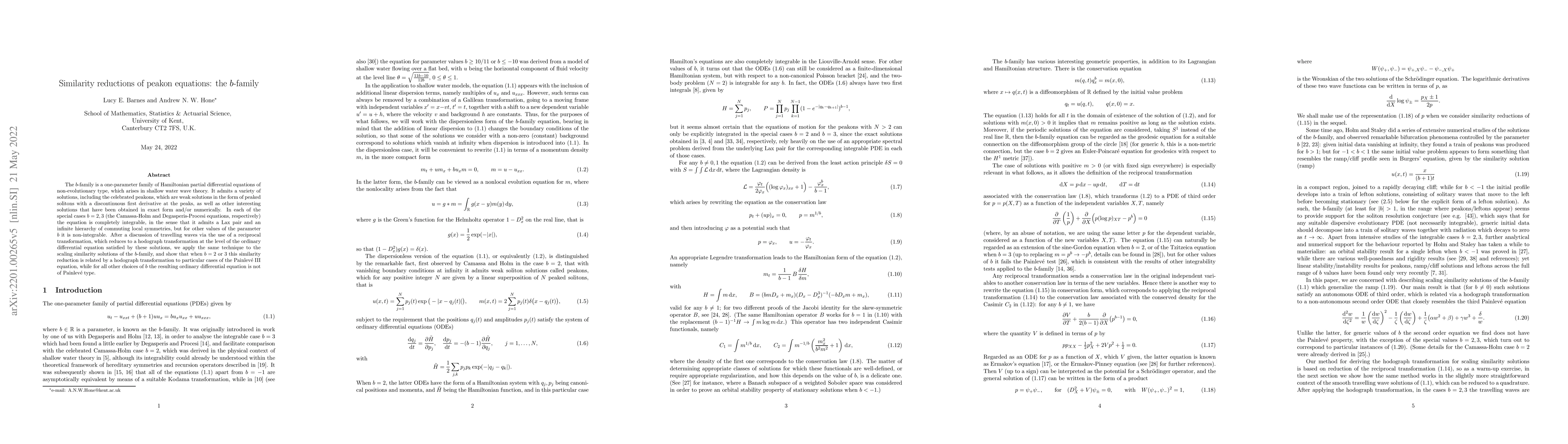Thumbnail for Similarity reductions of peakon equations: the $b$-family