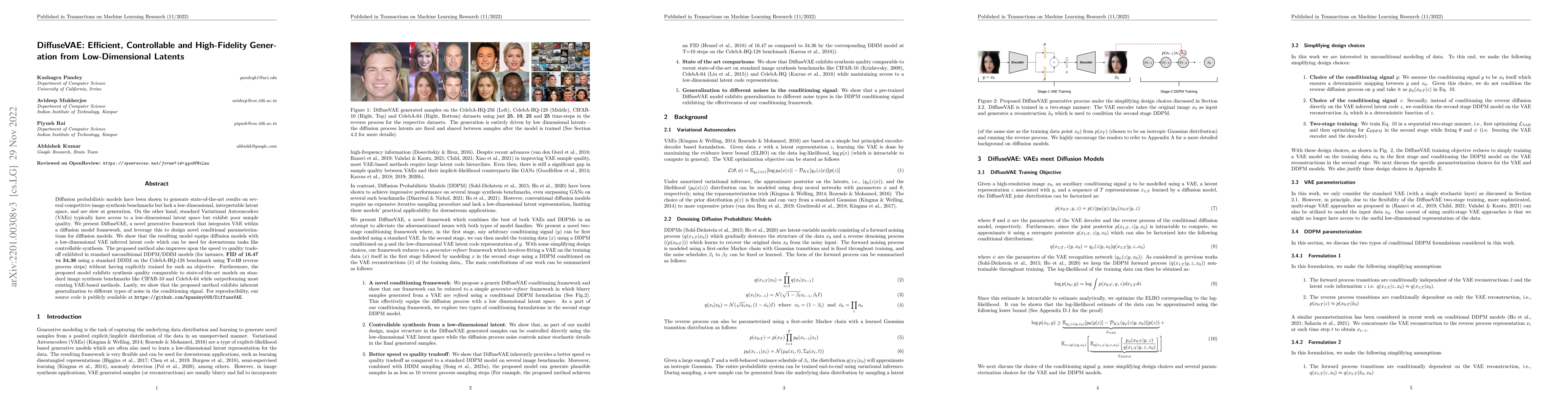 Thumbnail for DiffuseVAE: Efficient, Controllable and High-Fidelity Generation from
  Low-Dimensional Latents