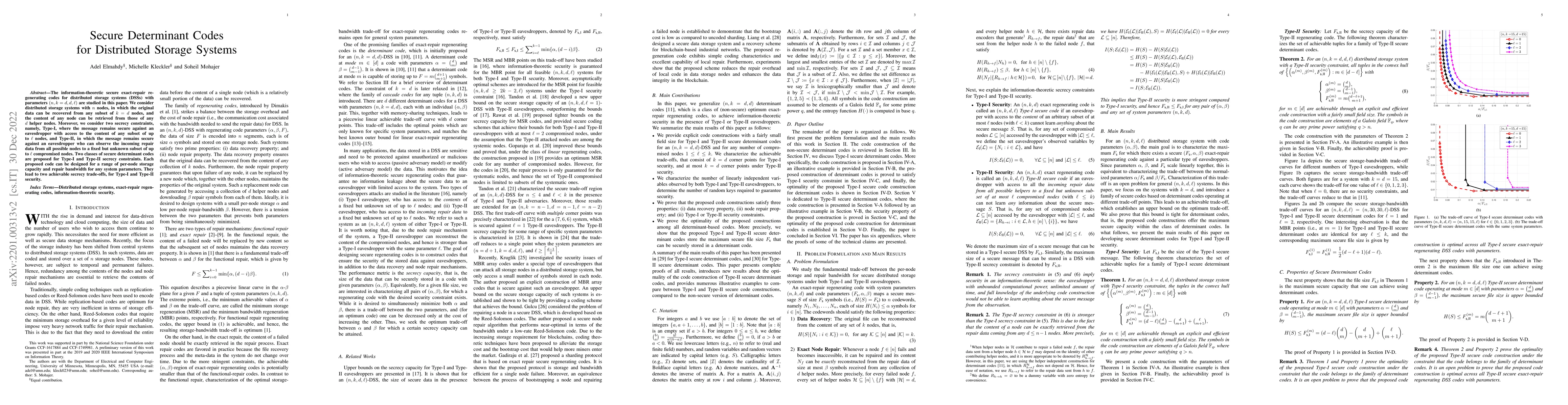 Thumbnail for Secure Determinant Codes for Distributed Storage Systems